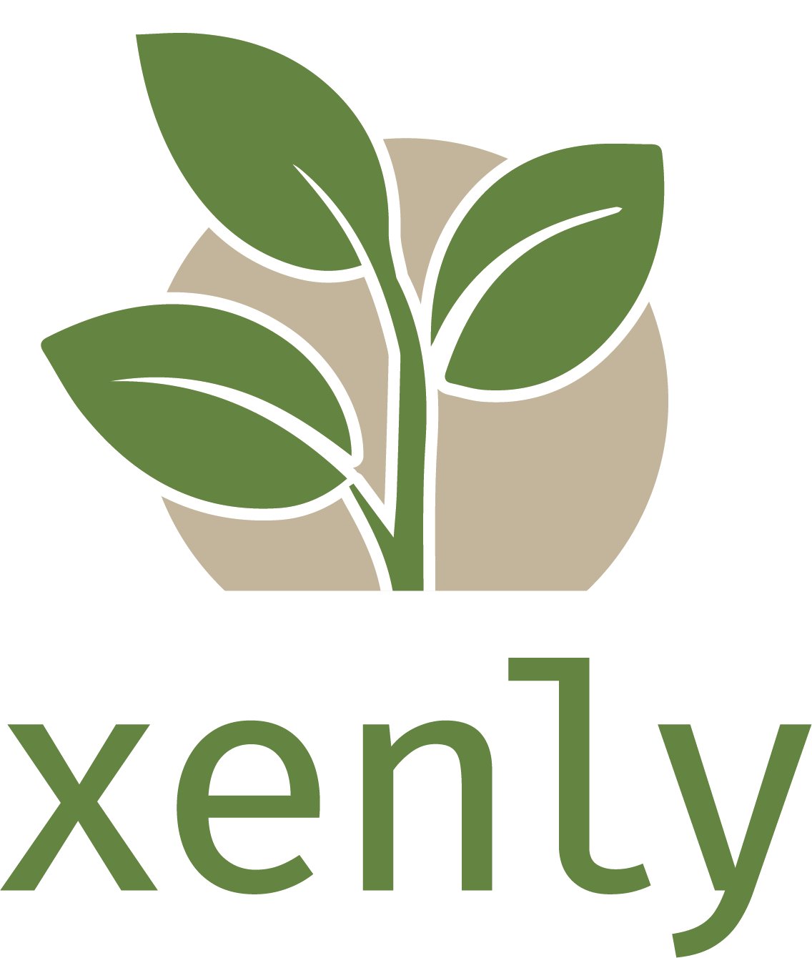 Xenly logo, a green sprout growing in front of a tan circle